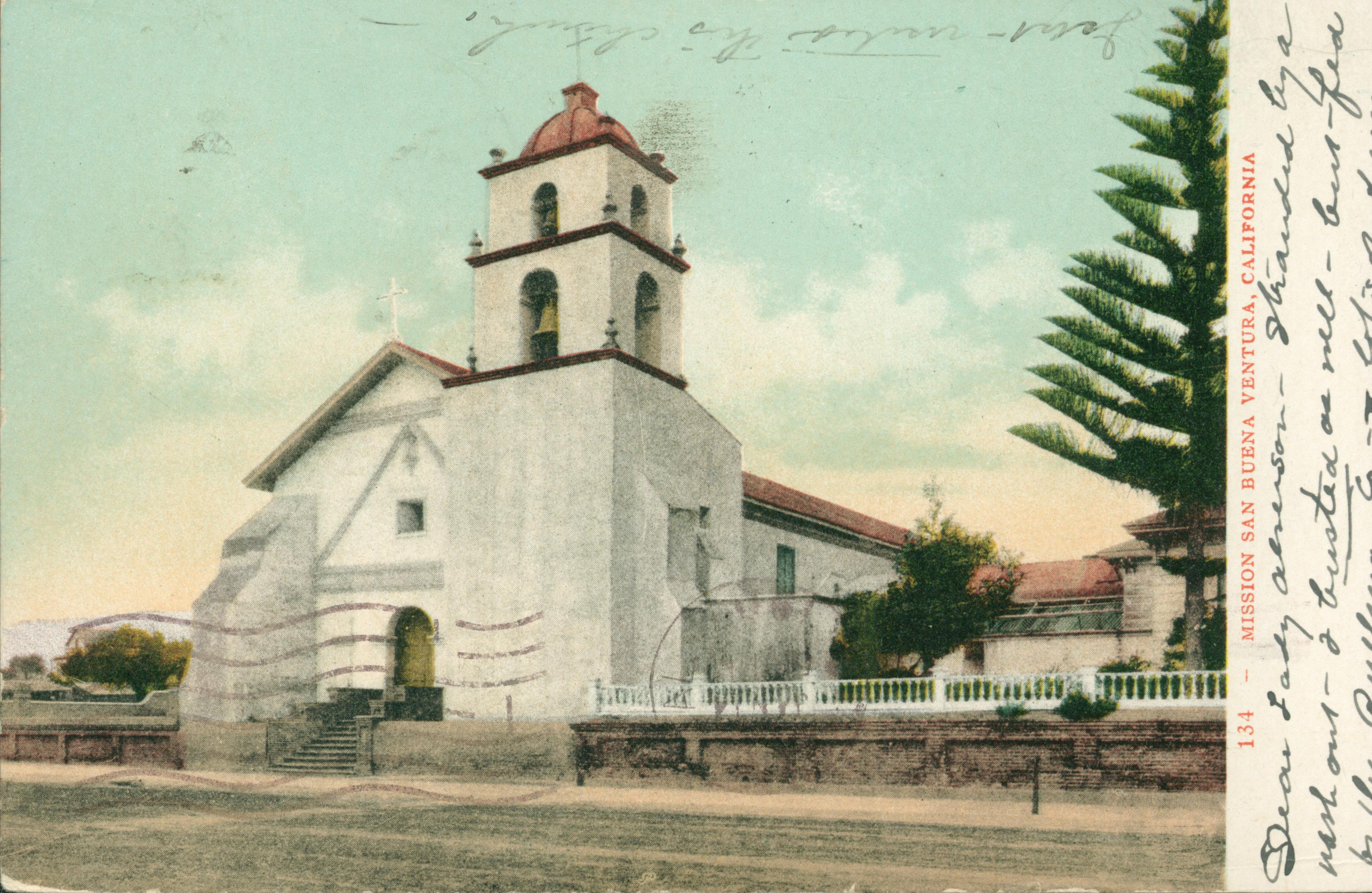 Shows the exterior of the San Buenaventura mission church